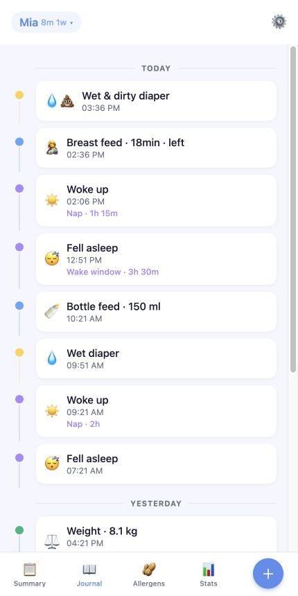 Nest Rhythm journal showing a chronological timeline of baby care events